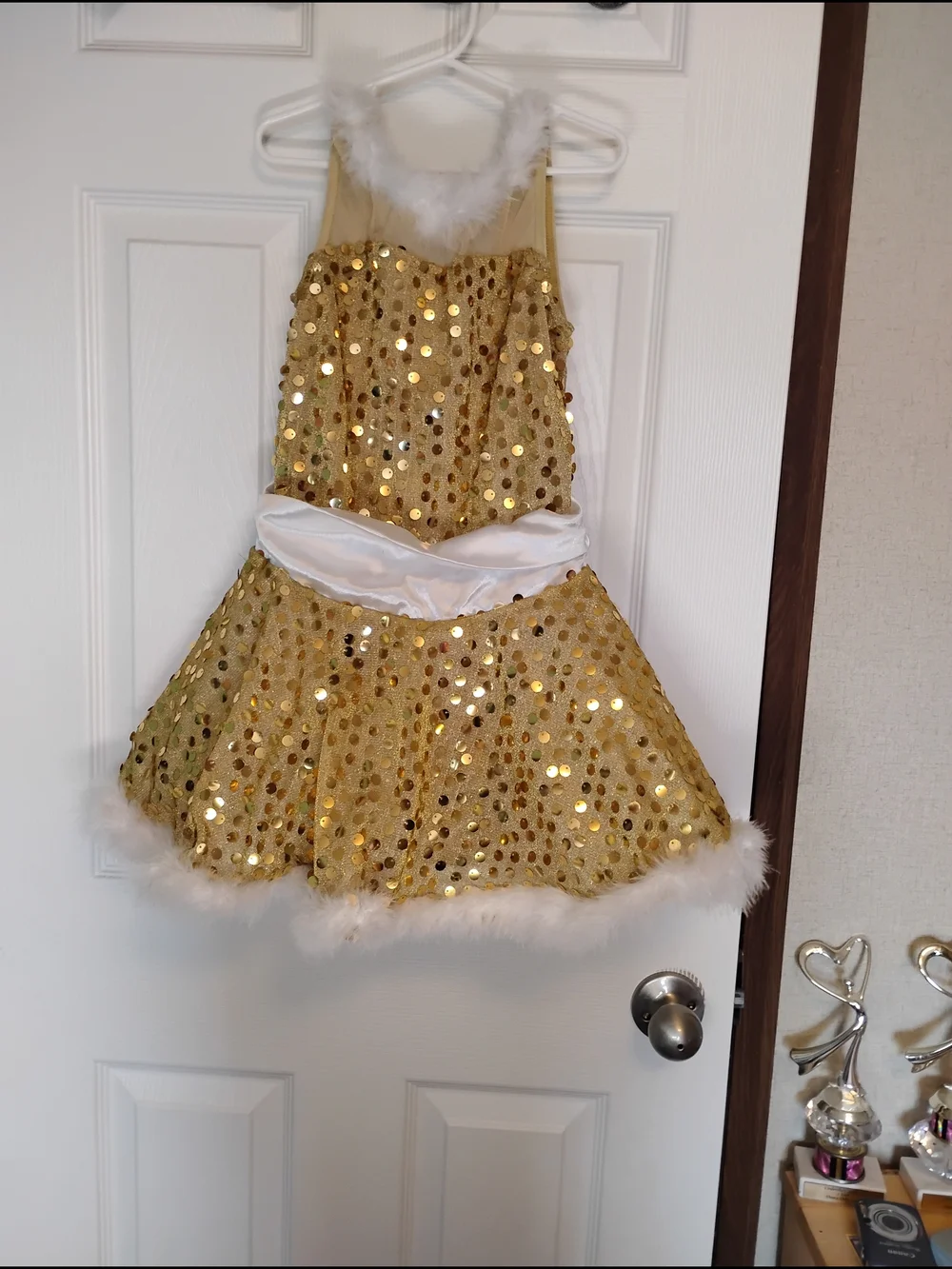 Weissman Gold Sequin Dance Dress with White Feather Trim